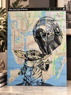 Hand Painted Star Wars Mandalorian Baby Yoda Grogu NYC Subway Map Wall Art 23x32